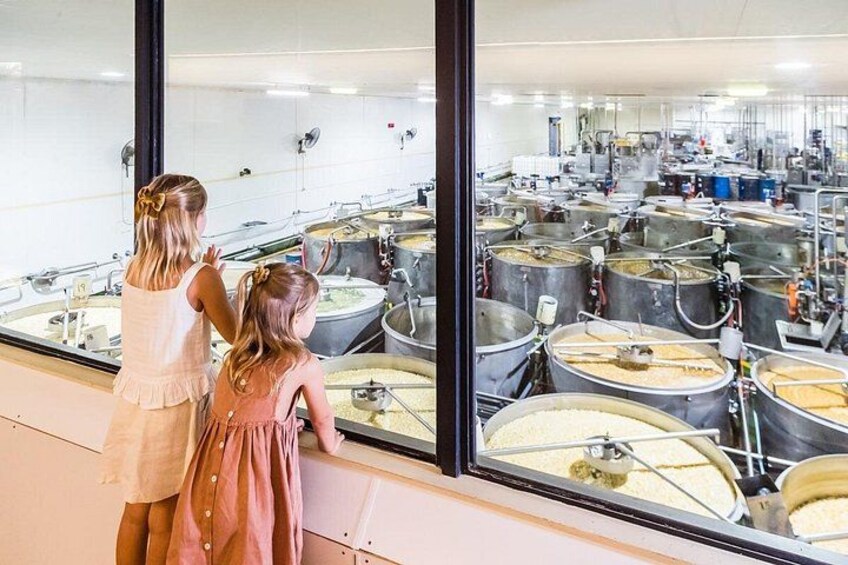 Deux enfants observent des équipements de cuisine industrielle à travers une vitre. 3