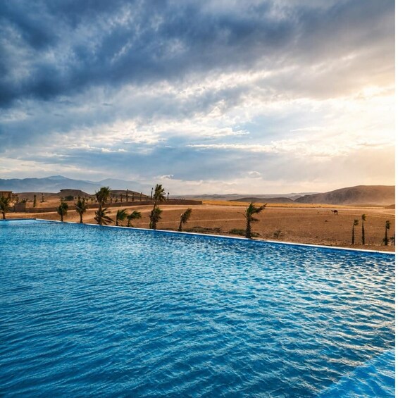 A swimming pool with a desert landscape and palm trees in the background. 1
