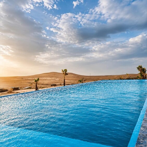 A swimming pool with clear blue water, surrounded by palm trees and a desert landscape under a partly cloudy sky. 2