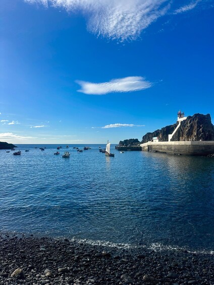 A coastal scene with a lighthouse, rocky shore, and several boats on the water. 2