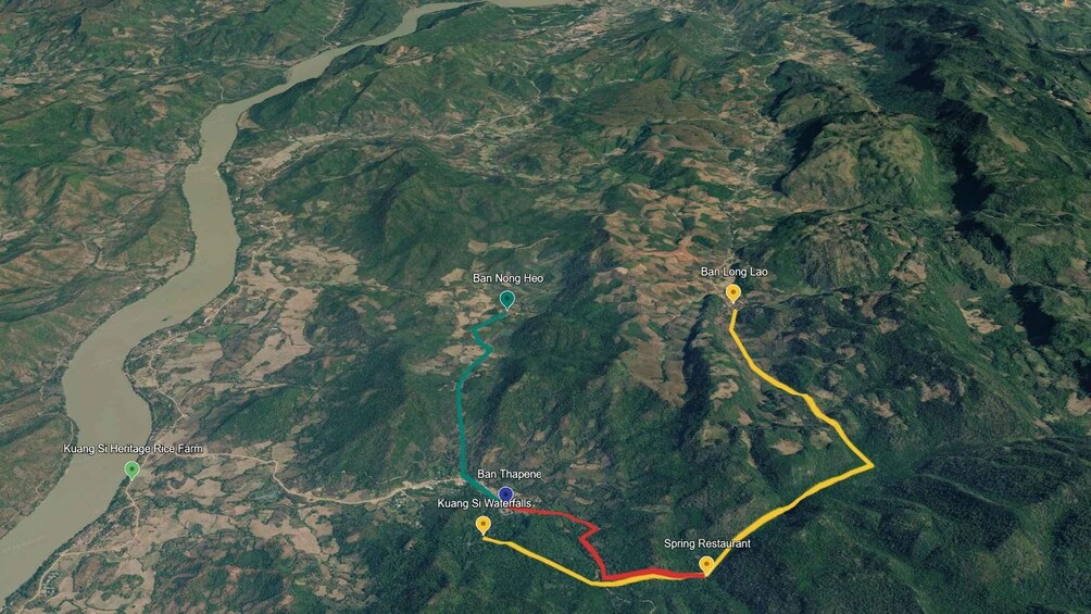 A river winding through mountainous terrain with marked locations including Ban Nong Heo, Ban Long Lao, Ban Thapene, and Spring Restaurant. 2