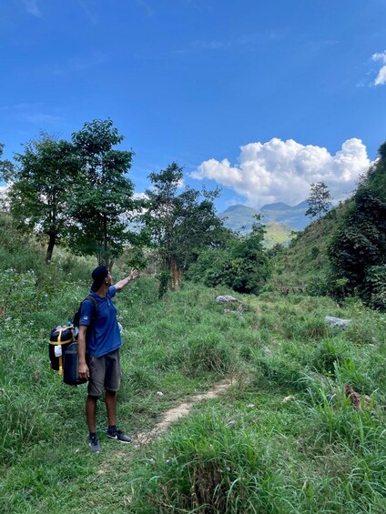 A person hiking on a grassy trail with trees and mountains in the background. 1