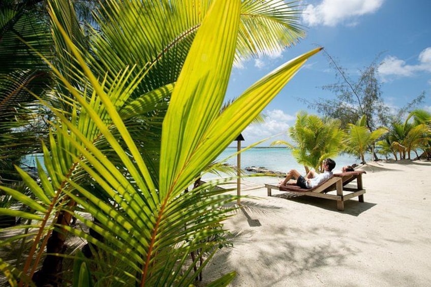 Een strand met palmbomen en twee mensen die ontspannen op een houten ligbed. 2
