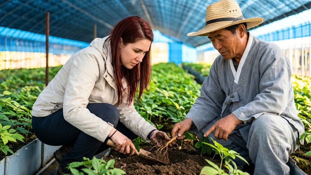 Two people in a greenhouse, one wearing a straw hat, examining plants. 1