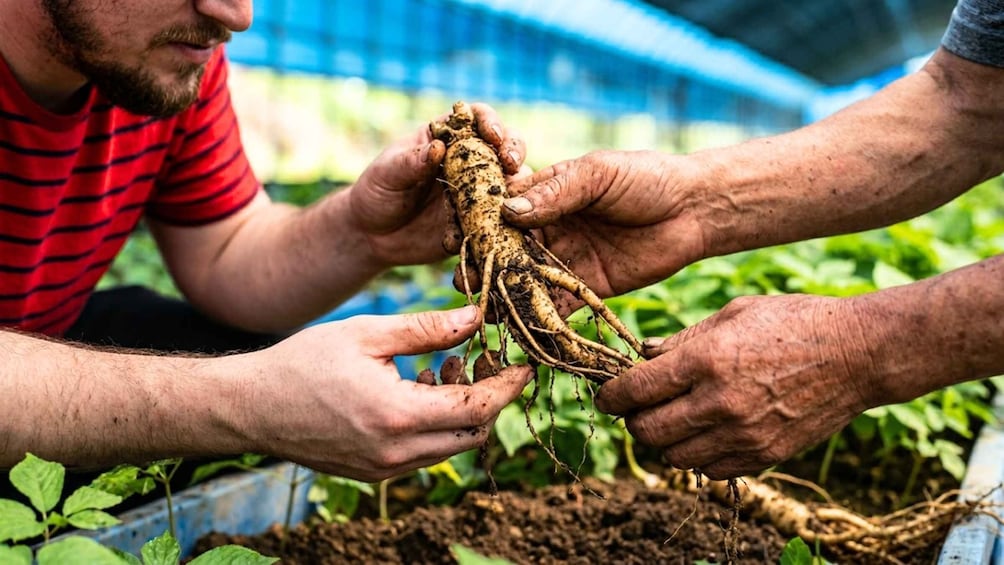 Two hands holding a plant with roots. 4