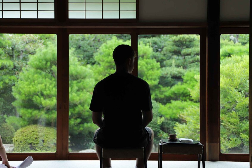 A person sitting by a window with a view of a forest. 3