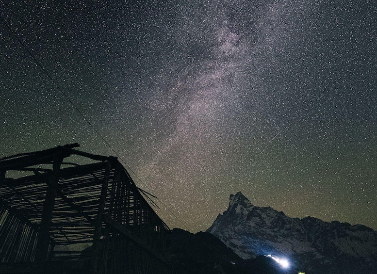 A starry night sky with a visible Milky Way, a mountain range, and a wooden structure. 2