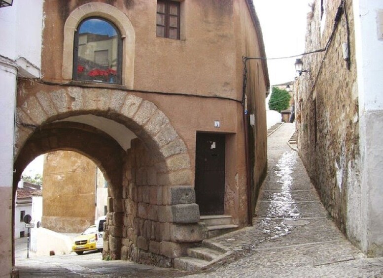 A narrow cobblestone street with a stone archway leading to a building with a door and a window. 3