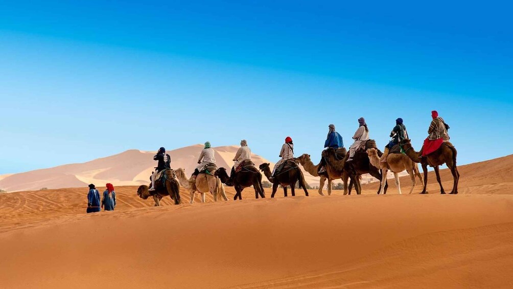 A group of people riding camels in a desert landscape with sand dunes. 2