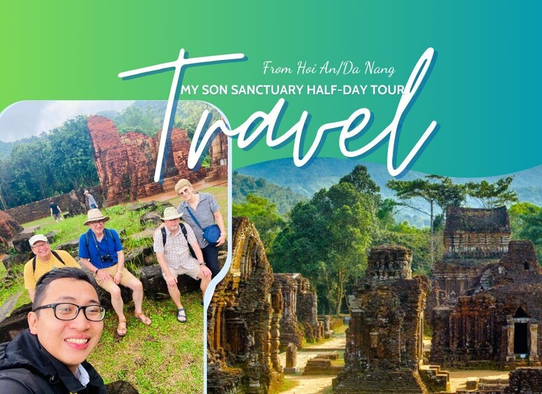 A group of people at an ancient temple site with ruins and lush greenery. 1