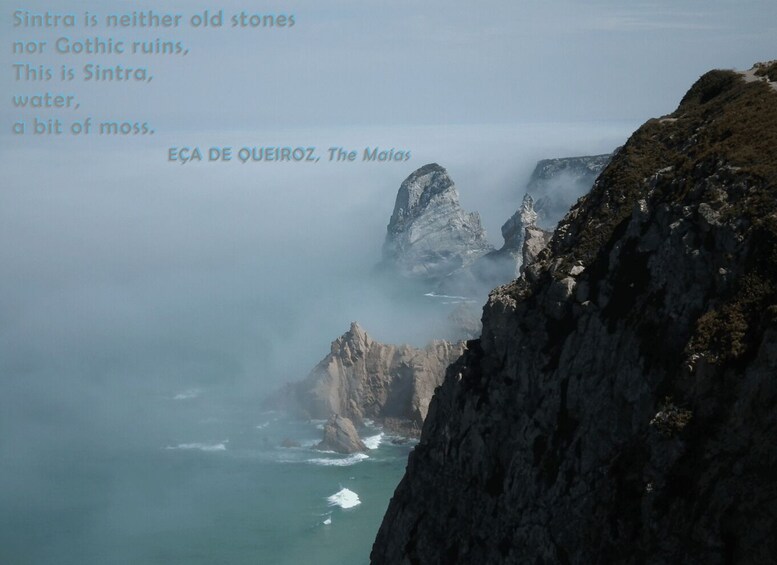 A coastal landscape with rocky cliffs and misty sea. 3
