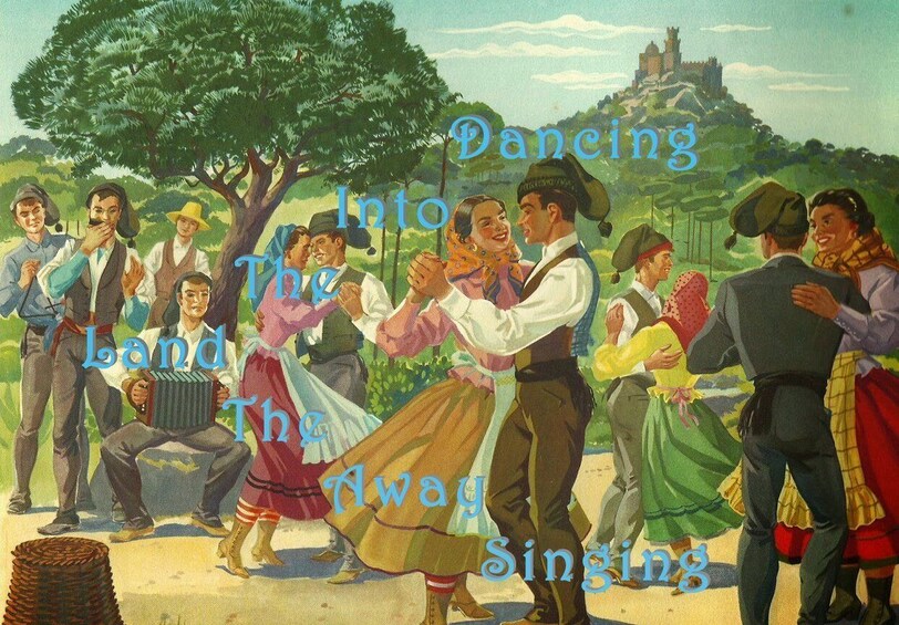 A group of people dancing outdoors with a castle in the background. 2