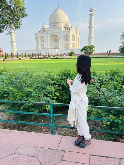 A person standing by a railing, gazing at the Taj Mahal. 3