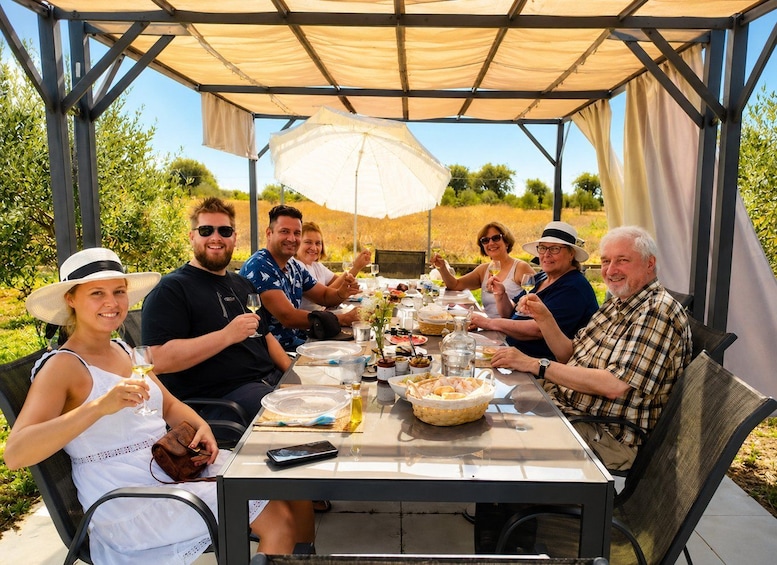A group of people dining outdoors under a canopy, with a table set with food and drinks. 1