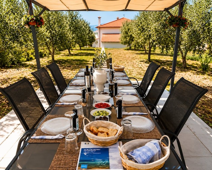 An outdoor dining setup with a table set for six, surrounded by chairs, under a canopy. 5