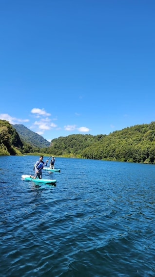 Two people paddleboarding on a calm lake surrounded by lush green hills under a clear blue sky. 2