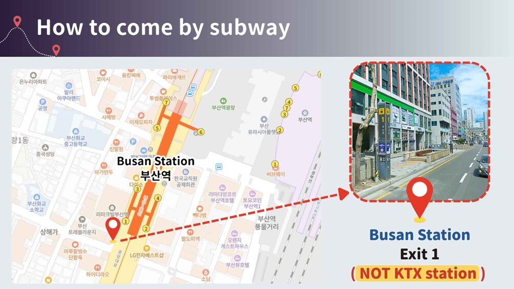 A subway map with Busan Station marked, and a photo of the station entrance. 4
