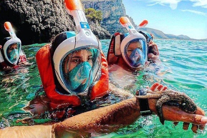Mensen snorkelen in helder water, met rotsachtige kliffen op de achtergrond. 3