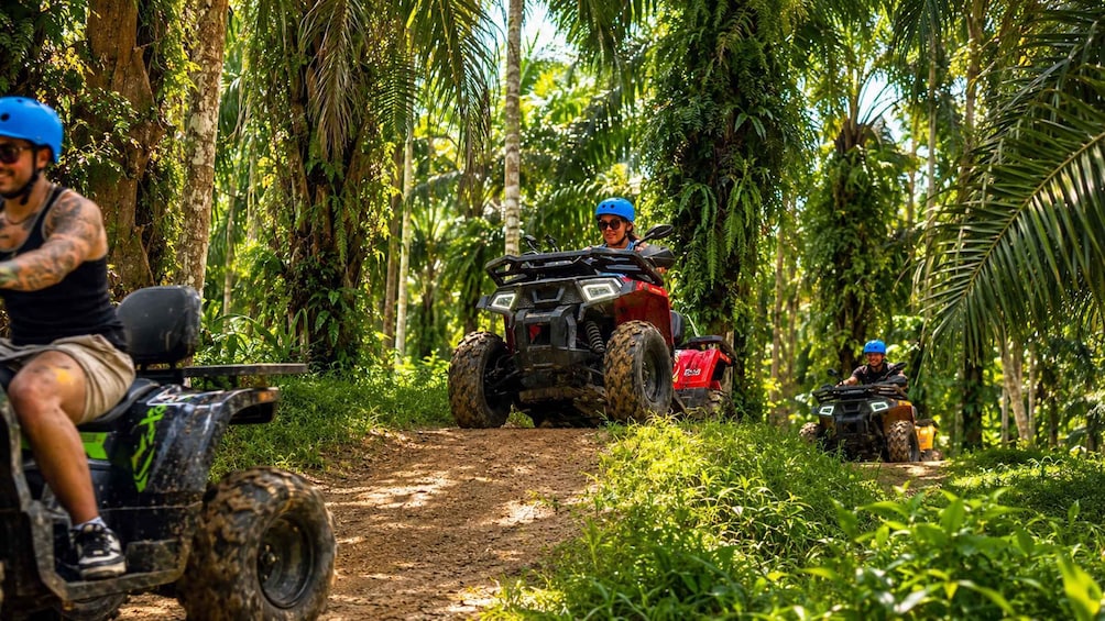 Two people on ATVs in a forested area with a dirt path. 4