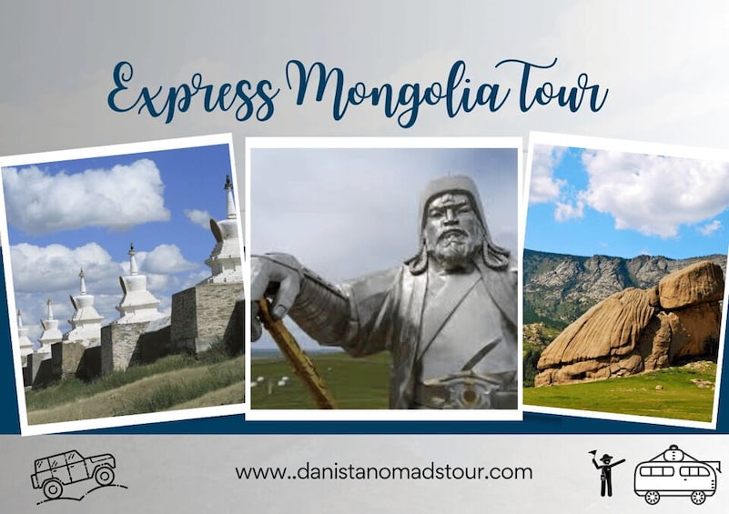 A tour advertisement with a Mongolian landscape, a statue, and a large rock formation. 1