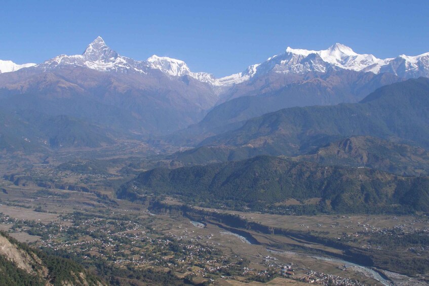 A mountainous landscape with snow-capped peaks, a valley with scattered settlements, and a river flowing through the terrain. 5