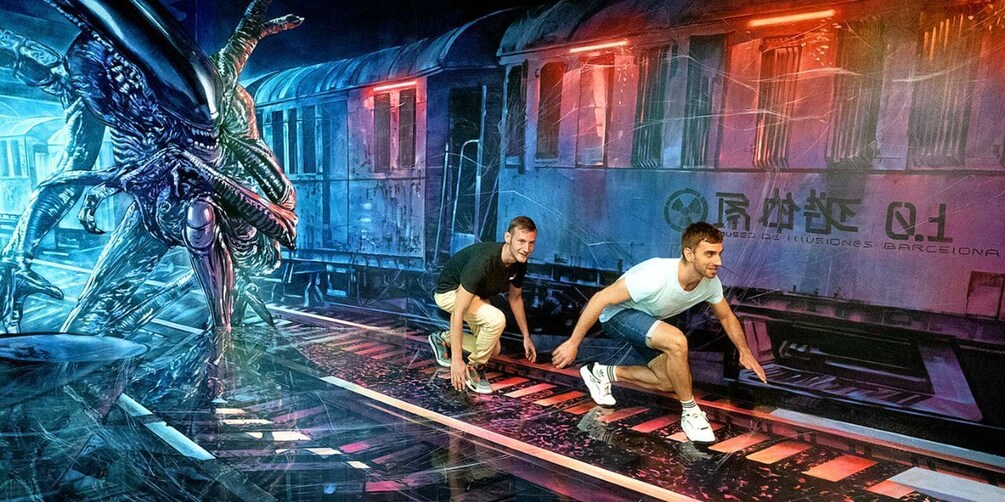 A train with a futuristic design and a large alien creature on the tracks. 5
