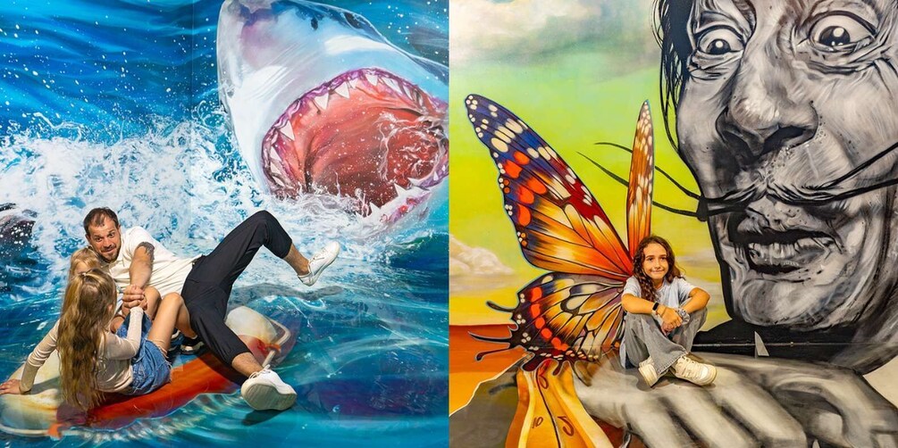 A shark and a butterfly mural with people interacting with the art. 4