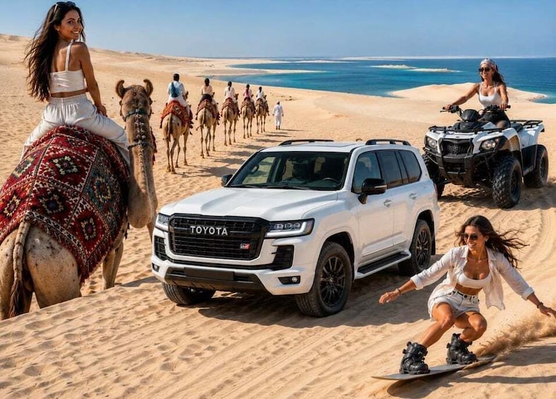 A desert landscape with a Toyota SUV, camels, and people riding ATVs. 1