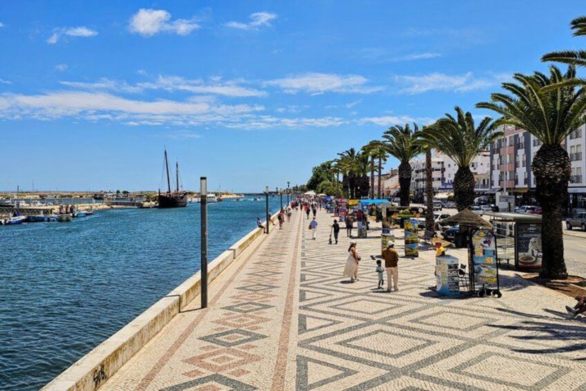 Una passeggiata sul lungomare con palme, un percorso in lastre e barche sullo sfondo. 2