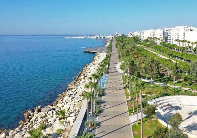 A coastal promenade with a rocky shoreline, palm trees, and a large amphitheater. 2
