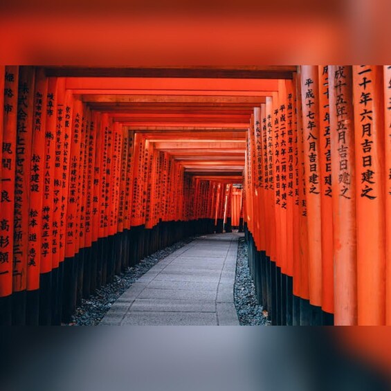 En korridor som kantas av röda torii-portar, var och en prydd med japanska inskriptioner. 2