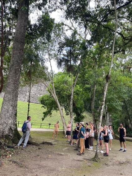 A group of people standing on a dirt path in a park with trees and a grassy area in the background. 5