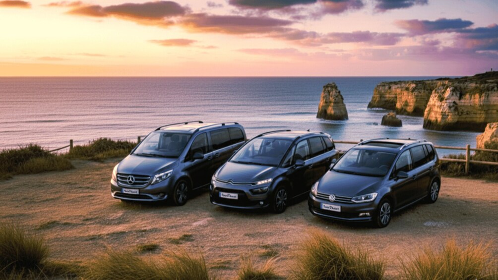 Three cars parked on a coastal road with cliffs in the background. 4
