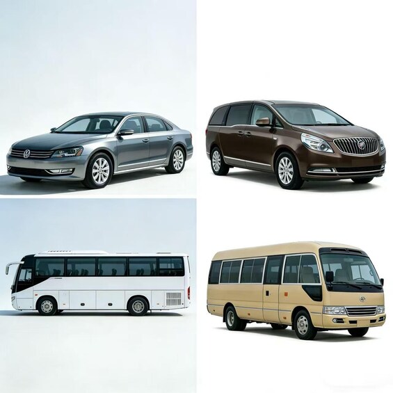 Four vehicles: a silver sedan, a brown SUV, a white bus, and a beige minivan. 4