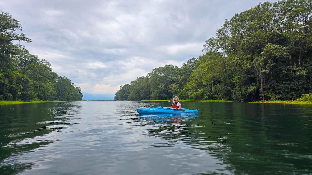 A person kayaking on a calm river surrounded by dense forest. 1
