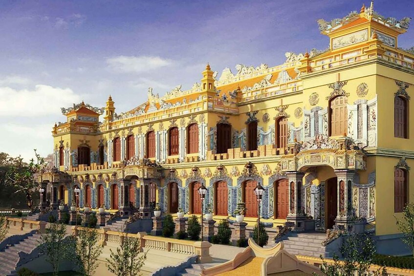 A grand, ornate building with multiple levels, large windows, and intricate architectural details. 5