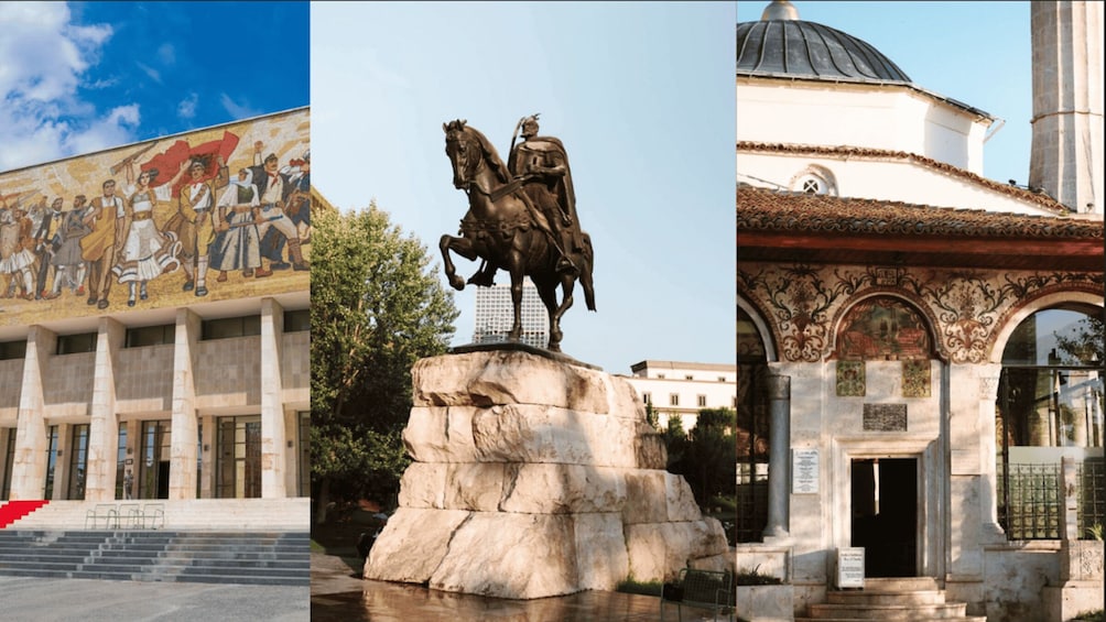 A mural, a statue, and a building with a dome. 5