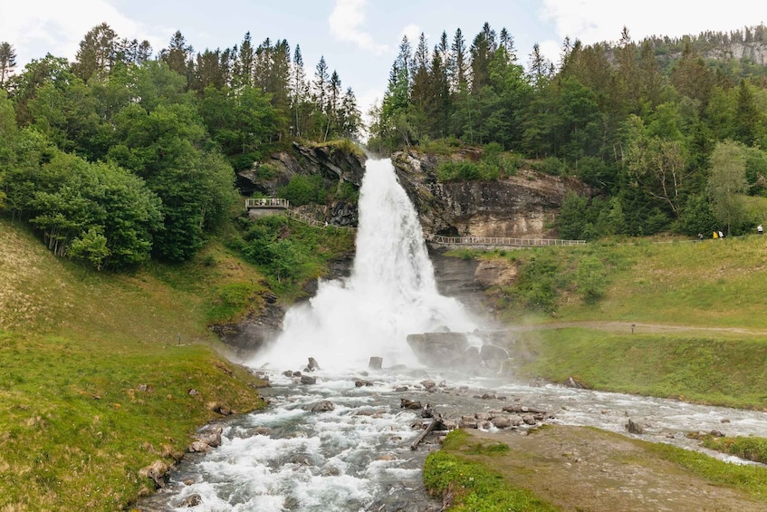A waterfall cascading into a river surrounded by lush greenery and trees. 1