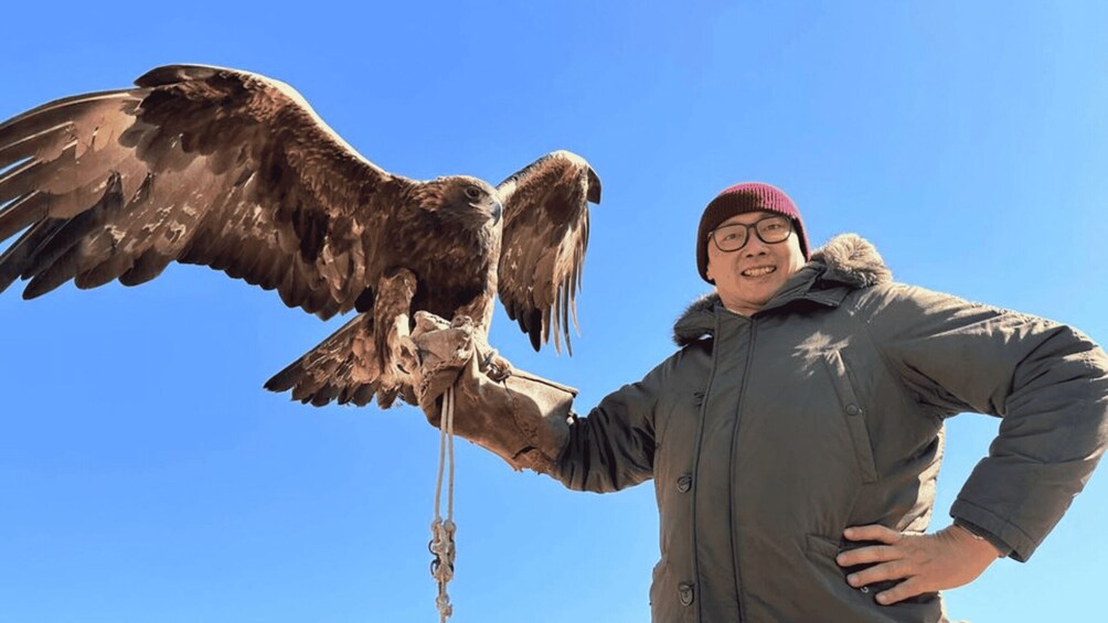 A person holding a large bird of prey with outstretched wings. 5