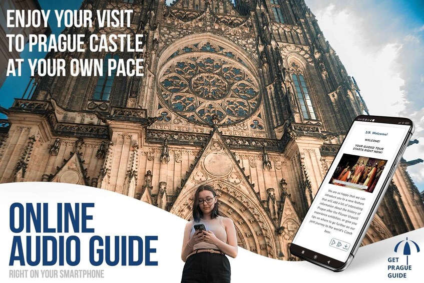 A person in front of Prague Castle with an audio guide on their smartphone. 1