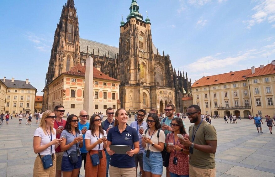 A group of people in front of a historic cathedral with twin spires and a clock tower. 5