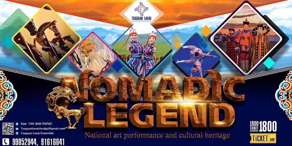 A poster for 'Nomadic Legend' featuring traditional costumes, a horse, and cultural symbols. 3