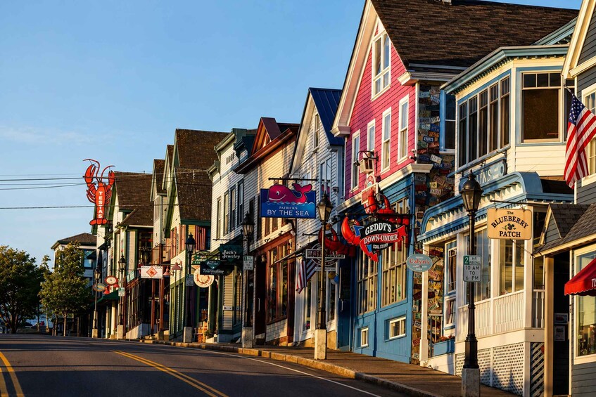 A street lined with colorful buildings, including a blue storefront with a sign reading 'The Blueberry Patch.' 5