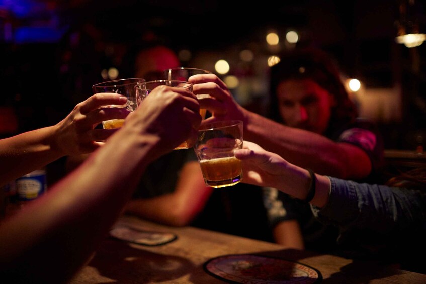 People toasting with glasses of beer at a bar. 5