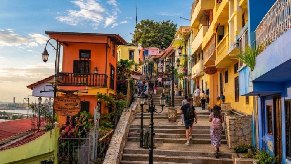 A colorful street with steps leading to a building with a sign reading 'CAFETERIA'. 1