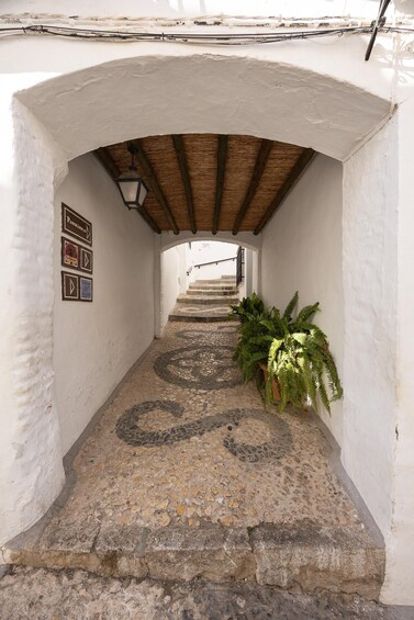 A stone staircase with a patterned floor leading up to a white building with a wooden ceiling. 4