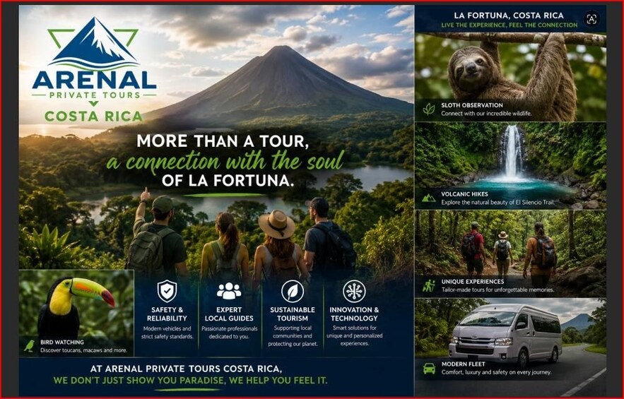Une publicité pour les visites privées d’Arenal au Costa Rica, mettant en avant des atouts tels que l’observation des oiseaux, la sécurité, des guides expérimentés, le tourisme durable et des expériences uniques. 2