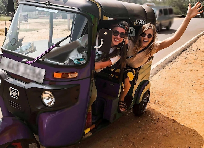 A purple auto-rickshaw with two passengers, one wearing a yellow costume, traveling on a dirt road. 1