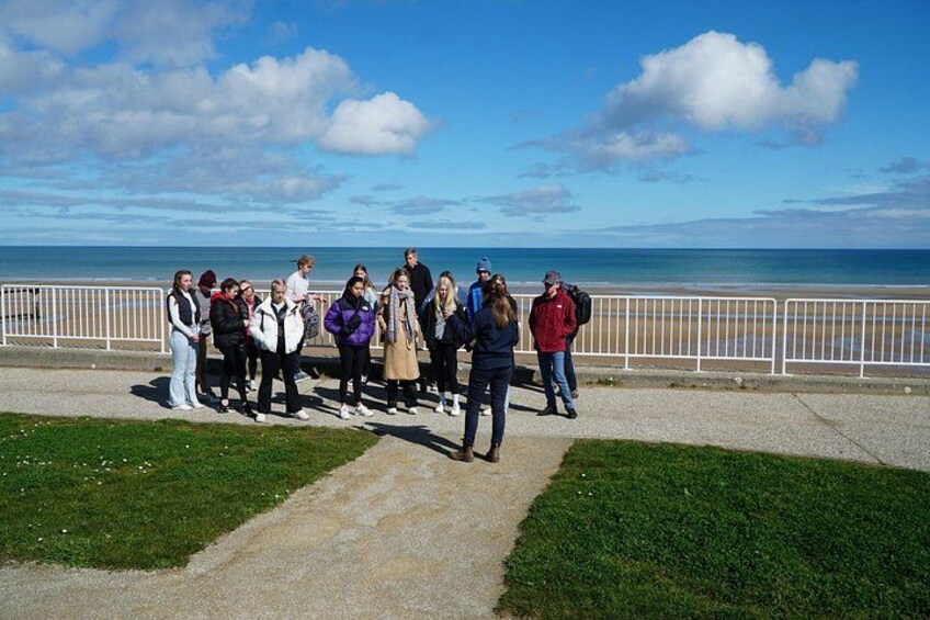 Un grupo de personas de pie en un sendero junto al mar, con una barandilla y zonas verdes al frente. 4