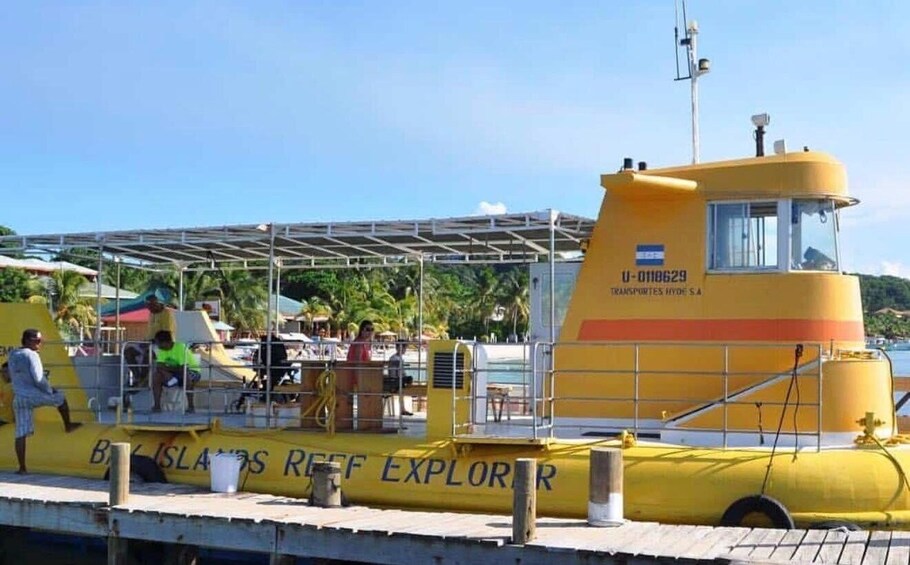 A yellow boat named 'BISCUIT'S REEF EXPLORER' docked at a pier with people around it. 2